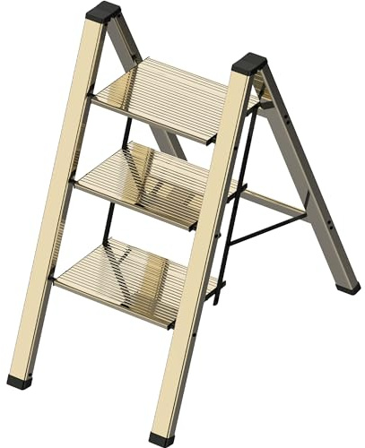 3 Step Lightweight Folding Ladder for Home, 330lbs Aluminum Step Ladder Anti-Slip for Kitchen, Step Stool Foldable Adults for Closet, 330lbs - Champagne Gold