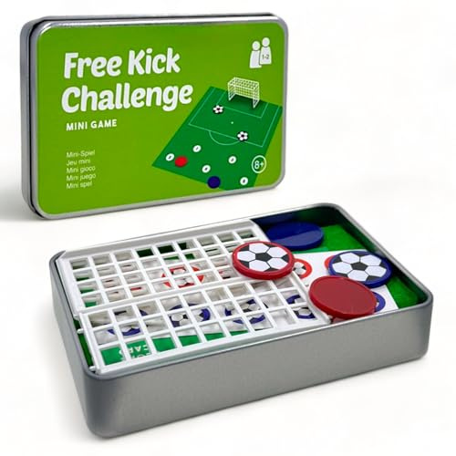 MIJOMA Reisespiele in Metalldose – Kompakte Mini-Spiele zum Mitnehmen für Unterwegs, Spielspaß Lernspielzeug, 12x8 cm, Outdoor & Indoor (Free Kick Challenge)