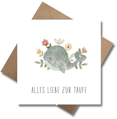 WBdesignz Taufkarte Alles Liebe zur Taufe mit Umschlag - Aquarell Wal Motiv mit Blumen - Taufgeschenk Glückwunschkarte für Kinder Jungen & Mädchen (125 x 125 mm)