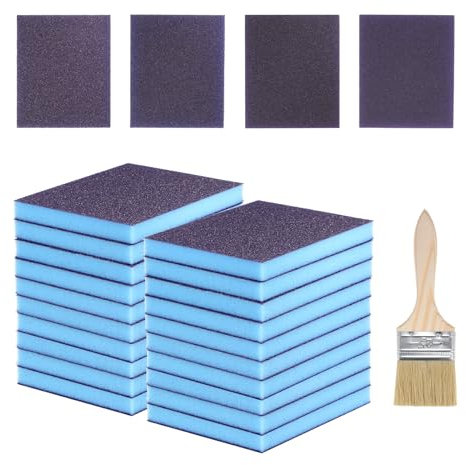 sourcing map 21pcs Sanding Sponges 500-2000 Grit 4 x 5 Reusable & Washable, Double-Sided Flexible Hand Sanding Block for Wood Drywall Metal Furniture Polishing, with 2.5 Paint Brush, Blue