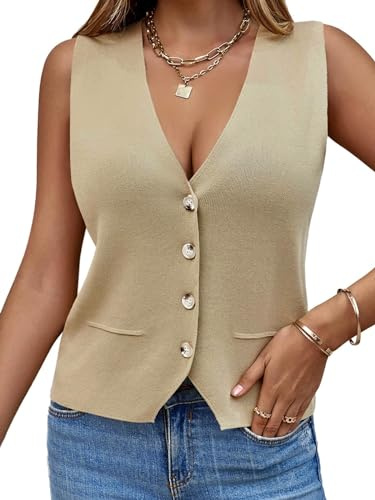 Saodimallsu Maglione senza maniche da donna gilet maglia scollo a V bottone moda casual sciolto cardigan donna estate gilet in maglia maglione, cachi, M