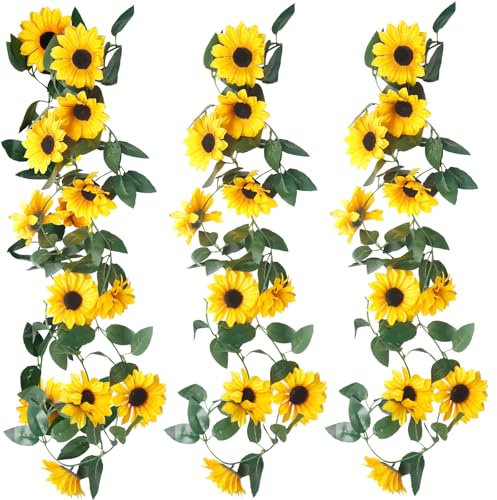 BANTI Künstliche Blumengirlande Kunstblumen Wie Echt Deko Sonnenblumen Girlande Seidenblumen Hängend Sonnenblumegirlande Gefälschte Sonnenblumenranke Blumen für Hochzeit Party Deko 3PCS