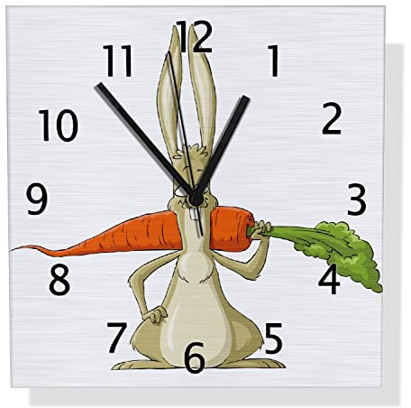 Wallario Design Wanduhr Lustiger Hase mit Möhre im Comic Stil aus Aluverbund, Alu-Uhr Größe 30 x 30 cm, Schwarze Zeiger mit Metalloptik