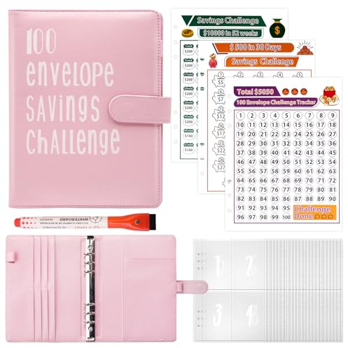 Fettwal 100 Envelope Saving Challenge, Sparbuch für Geld Challenge, A5 Geld Sparen Challengers Geldsparmappe, mit 3 Speicherkarten & Aquarellstift, Sparbuch für Haushaltsgeld Sparchallenge (Rosa)