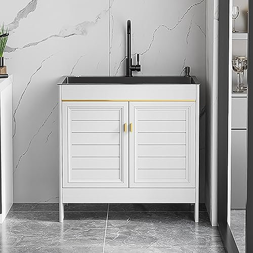 Laundry Utility Sink with Cabinet and Faucet Freestanding Kitchen Sink with Storage Shelves and Drainer Unit for Garage Restaurant Kitchen Laundry Room Indoor/Outdoor Use.