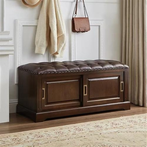 Zapatero de madera maciza con banco acolchado de cuero y puerta corredera, zapatero de nogal con almacenamiento para puerta delantera, entrada, banco de almacenamiento de zapatos de 39.4 pulgadas