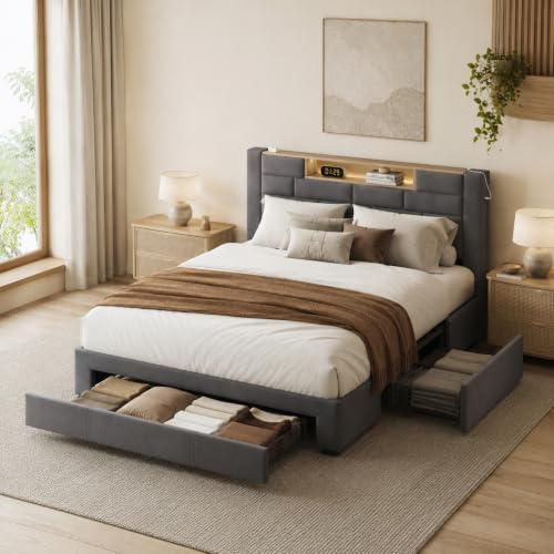 PerGar Boxspringbett 140x200 mit Led, Polsterbett Doppelbett mit 3 Schubladen, Bett mit Stauraum Kopfteil und Lattenrost, Stauraumbett Jugendbett Rückenlehne Bett, Samt, Grau, Ohne Matratze