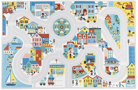 Janod - Tapis Voiture Enfant - Thème Ville - Doux & Anti-dérapant - Motif Urbain - Tapis de Jeux Chambre Fille & Garçon - 120 x 78cm - Lavable à la Main – A partir de 2 Ans - J05910