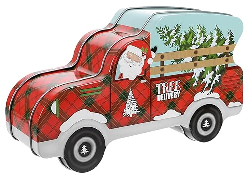 Garneck Caja de Hierro Navideña con Diseño de Vehículo Rojo, Multiusos y Portátil para Guardar Galletas, Dulces y Snacks Pequeños en Navidad