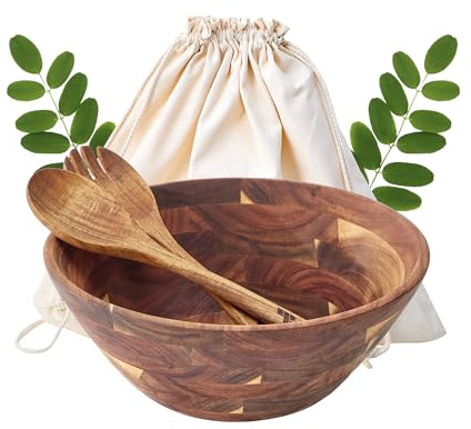 MBILEN-DS Ensemble de bols à salade en bois d'acacia pour fruits, grand bol à salade de 31,8 cm avec ustensiles de service