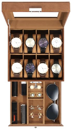 Uten Watch Box 8 Slots, 2-Tier Watch Case with Key Lock, Glass Lid, Watch Display Box for Men and Women, Brown Synthetic Leather, Brown Velvet Lining, Removable Pillows, Jewelry Storage Box, Gift Idea