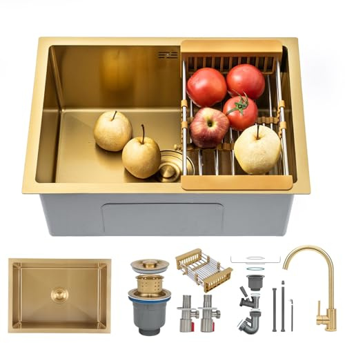 55x40cm Fregadero De Cocina De Acero Inoxidable oro, Un Seno Con Grifo, Fregadero Bajo Encimera o Sobre Encimera, Con Sifón Y Filtro De Drenaje, con Sifón, Dispensador de Jabón y Juego de Desagüe