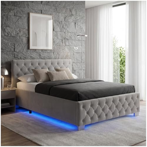 tectake® Letto Matrimoniale Imbottito con Rete a Doghe, Letto Contenitore Matrimoniale e Illuminazione LED, Struttura in Acciaio, Velluto Trapuntato Chesterfield, con Telecomando, 140x200 cm - Grigio