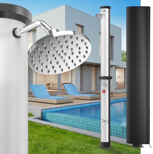 YRHome Ducha solar plateada de 40 litros – Ducha solar para jardín, piscina, camping, ducha exterior con cabezal de ducha de lluvia y ducha de pies, agua caliente hasta 60 °C, sin electricidad para