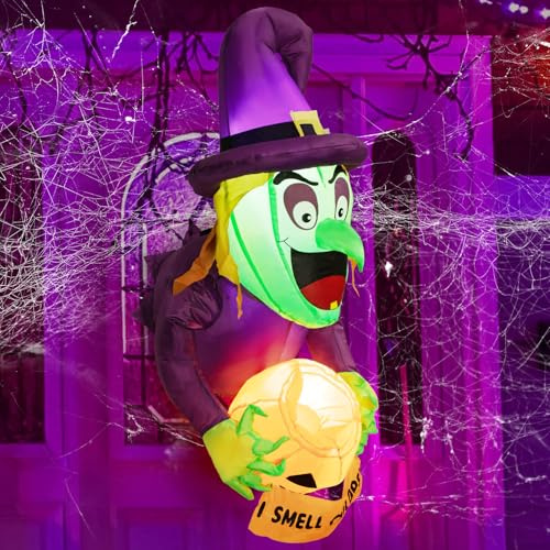 STEEIRO 4,5 Ft Halloween deko Hexe Aufblasbar, Halloween deko Outdoor Fenster,Geisterhexen mit Kürbis-Bonbonglas,eingebaute LED, Halloween aufblasbar Halloween deko Garten,Outdoor,Party (Hexe)