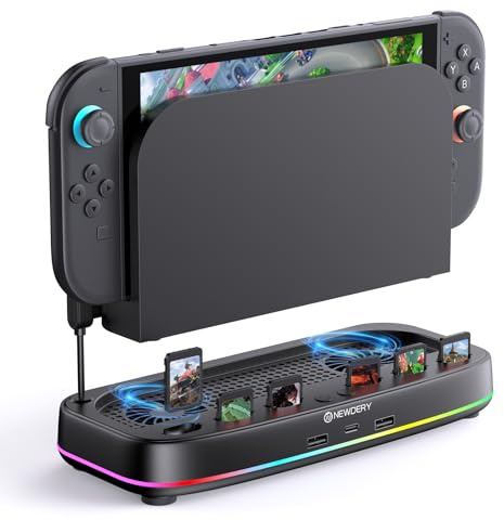 NEWDERY Ventola di raffreddamento per Nintendo Switch 2 Dock con doppia ventola, 3 velocità regolabili, modalità RGB, 6 slot per schede e 3 porte USB