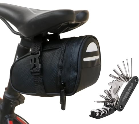 Fyfjur Satteltaschen für Fahrrad, Wasserdicht Fahrradtasche Sattel Klein mit Innetztasche und mit 16-in-1 Multitool Fahrrad, Reflektierende Satteltasche Rennrad Fahrradsitztasche(18 * 10,5 * 9,5cm)