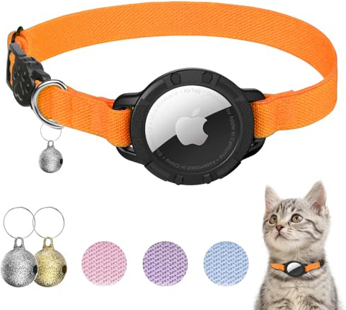 AirTag Katzenhalsband, dehnbares Kätzchenhalsband mit Apple Air Tag-Halter und Glocke, Breakaway-Design, ultraelastisches GPS-Tracking-Katzenhalsband für Katzen und Welpen (Orange)