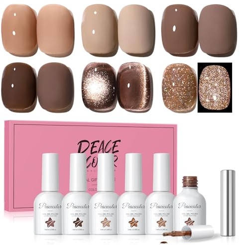 PEACECOLOR 6PCS UV Nagellack Set, Braun Cat Eye Gel Nail Polish Jelly Gel Nagellack Glitzer, Manicure DIY zu Hause 10ML
