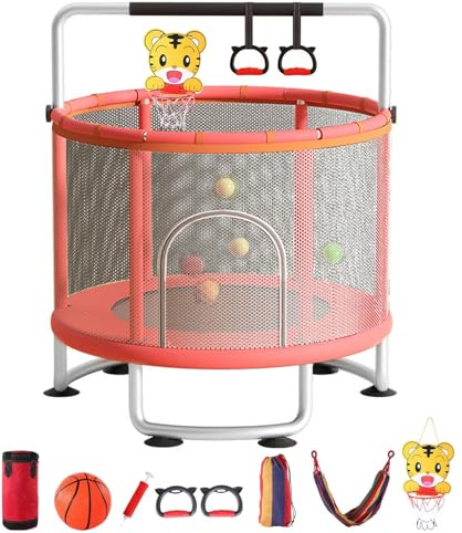 150 x 150 x 160 cm Kindertrampolin Indoor mit Sicherheitsnetz, 200kg Belastbarkeit - Verstellbarer Fitnessring - Für Kinder 3-8 Jahre - Inkl. Basketballkorb & Zubehör (Rosa)