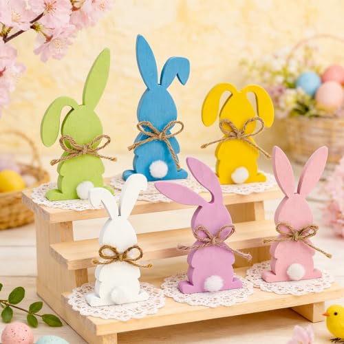 Fangoo 6 Pezzi Pasqua Coniglietti in Legno Decorativi con Fiocco Decorazioni Addobbi Tavolo Rustiche per Casa Colonica Scrivania Regalo di Pasqua Sala da Pranzo Festa di Primavera Scaffale