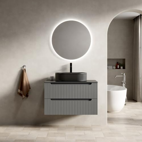 vutizal Lavabo da incasso sospeso 80 cm, in ceramica nera con piastra in pietra sinterizzata nera, 2 cassetti Soft-Close, design industriale moderno, grigio scuro
