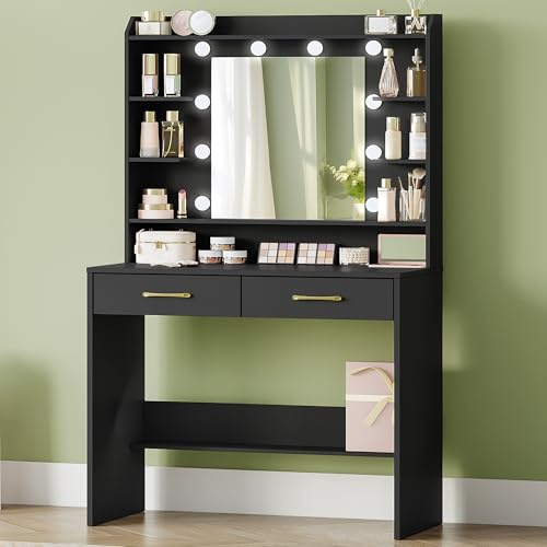 Hzuaneri Dressing Table with Mirror and Light, 2 Drawers Vanity Desk, Black | Vanity Table with 2 Drawers and Shelves, Adjustable Brightness, for Bedroom, Living Room, 40 x 80 x 149 cm, DT08206XUK