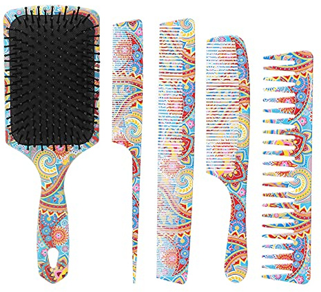 Set di 5 spazzole per capelli a pagaia, kit di spazzola districante e pettine a coda con pettini a denti larghi e fini, strumenti per lo styling dei capelli e il massaggio del cuoi