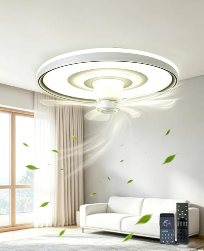 AMJYEW Deckenleuchte mit Ventilator 50cm Deckenventilator mit Beleuchtung Drehbarer Kopf 6 Geschwindigkeiten Fernbedienung und die App für Wohnzimmer, Schlafzimmer, Büro