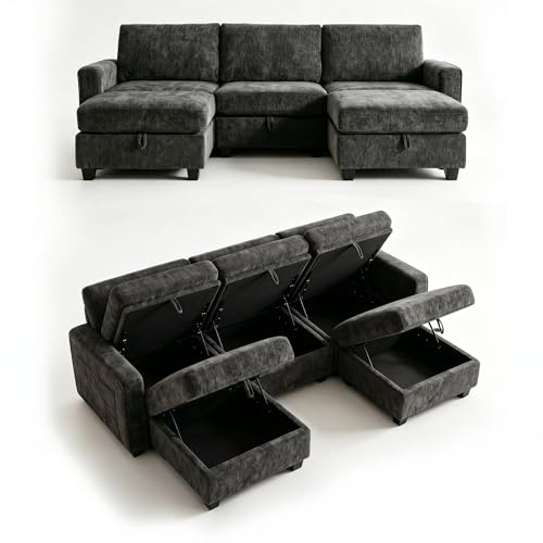 GRAVFORCE Ecksofa mit Stauraum unter jedem Sitz 251cm 3 Sitzer Modulares Sofa mit 2 Hockern Couch Wohnzimmer mit Ablagefächern U-Form Sofa für Wohnung Büro Chenille Dunkelgrau