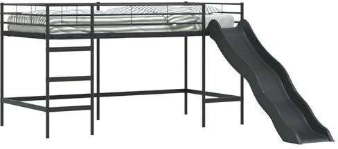 PUGYNBK Letto a soppalco per bambini con scivolo nero e antracite 107 x 200 cm, letto a soppalco in metallo per bambini, robusto letto in acciaio dal design moderno, salvaspazio, con scivolo per