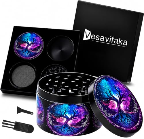 Vesavifaka Grinder Large Crusher, 63 mm Tree of Life with Starry Sky Grinder, 4 Layers, for Spice, Herbs, Seasonings, Herb, Coffee with Pollen Scraper and Brush, Gift for Special Occasions