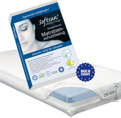 Softsan Protect Plus Matratzenbezug milbendicht 160x200x25 cm, Höhe 25 cm, Encasing, Milbenschutz für Hausstauballergiker milbenkotdicht Weiß