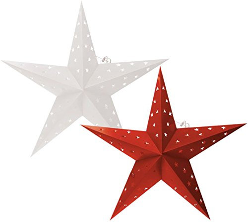 BRUBAKER Falt Weihnachtssterne LED, Fotokarton mit Stern Ausschnitten, 60 cm Ø, Weiß und Rot, Doppelpack
