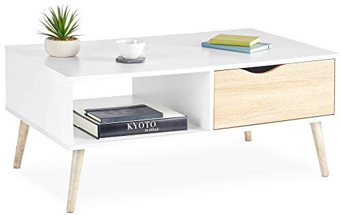 VonHaus White Coffee Table with Storage - Light Oak Effect Tea Table - with Storage Drawer & Open Shelving & Tapered Legs for Living Room & Lounge