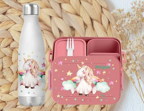 wolga-kreativ Personalisiertes Set Mepal Brotdose und Trinkflasche Einhorn Regenbogen für Jungen und Mädchen - Bento Lunchbox mit Fächern und Unterteilung Geschenk Schule Kindergarten