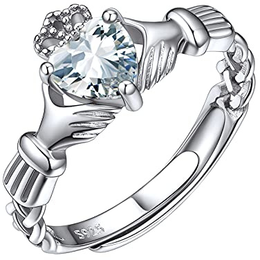 ChicSilver Anillo Céltico Claddagh Piedra Blanco Corazón Mujer Plata de Ley 925 Anillo Irlanda Celta Corona Princesa Anillo Ajustable Plata de Ley 925 Regalo Cumpleaños