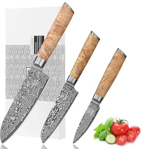 zayiko Kinone Premium 3er Damastmesser-Set mit 8-17 cm Klinge gefertigt aus 67 Lagen echtem Damaststahl mit Wurzelholzgriff Birke I Damastmesser Küchenmesser und Profi Kochmesser