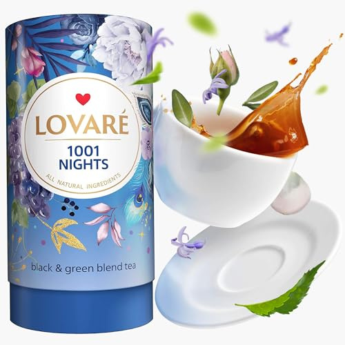 Loose Leafs Assorted Tea By Lovare Made in Ukraine - Black and Green, Floral, Passion Fruit, Huchlebbery Herbal Set with Flowers - Gift Box For Blooming Tea Lovers Men & Women - 80 g (1001 Nights)