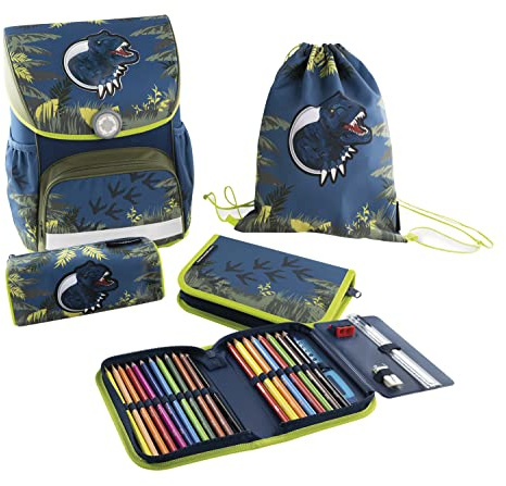 Eberhard Faber 577651 - Schulranzen Set Dinosaurier, EFAlino, 4-teilig, mit Schulrucksack, Schüleretui, Schlamperrolle und Turnbeutel