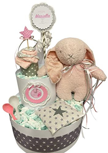 Windeltorte Hase Rosa personalisiert Handmade by Sinchns Bastelzauber - Windeltorte - 57 Stück - Größe 3 - Neugeboren - Unisex - Geschenk