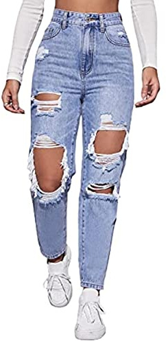 LINUMIN Women's High Waist Straight Leg Ripped Jeans Distressed Denim Pants (Blue, XL)