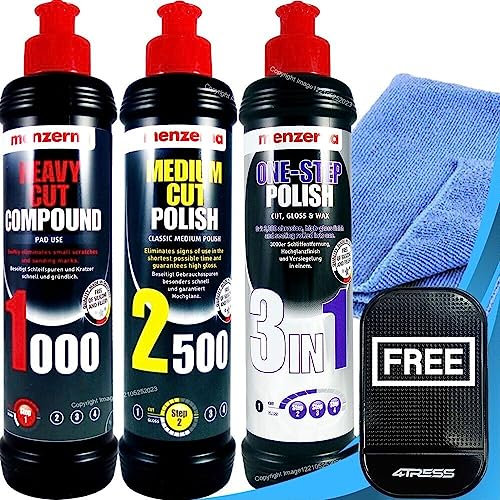 Menzerna 1 x 250ml Heavy Cut Compound 1000, 1 x 250ml Medium Cut Polish 2500, 1 x 250ml One Step Car Polish 3 In 1 for Deep Sanding Scratches with MicroFibre Cloth & Non Slip Car Dash Mat
