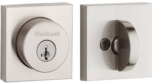 Kwikset Halifax - Cerrojo de seguridad cuadrado de níquel satinado, puerta de entrada frontal con llave, resistente a las púas, seguridad SmartKey Rekey, cerrojo de un solo cilindro, con protección