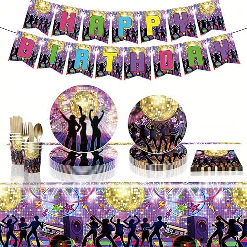 Wbesty 70s Disco Party Decorations Set 80s Birthday Party Supplies Decorations 90s Disco Theme Party Tableware Kit-83Pcs
