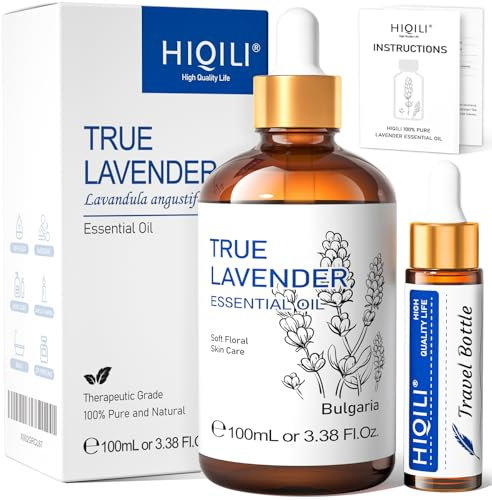 HIQILI 100ml Olio Essenziale Lavanda - 100% Puri Non Diluiti, Grado Terapeutico per Diffusore Aromaterapico in Camera, Allevia lo Stress, Migliora la Qualità del Sonno | con Contagocce in Vetro