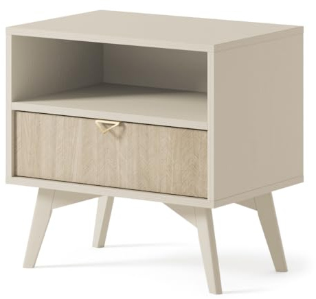BETTSO - FIRR - Nachttisch mit Schublade und offenem Regal - Schubladenschrank - Nachtschrank für Schlafzimmer - Kleiner Tisch Modern - Nachtkästchen - Nachtisch - Beige & Holzoptik