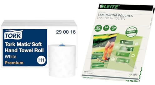 Tork Matic weiches Rollenhandtuch Premium 290016 - H1 Premium Handtuchrollen für Rollenhandtuchspender & Leitz Heißlaminierfolien A4 80 mic