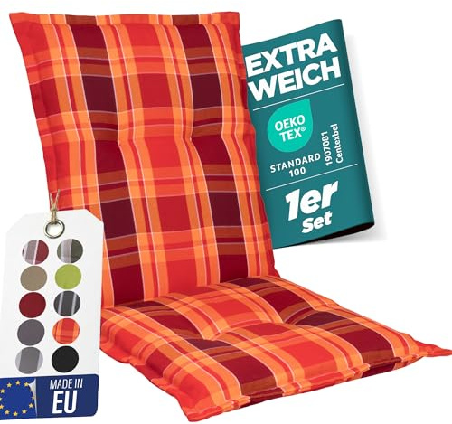 gardisun Gartenstuhlauflagen Niedriglehner, 1er Set, Rot kariert | Extra Dicke Sitzauflagen, Made in EU, Stuhlauflagen für Niederlehner Gartenstuhl, Auflagen mit extra hoher Lichtechtheit