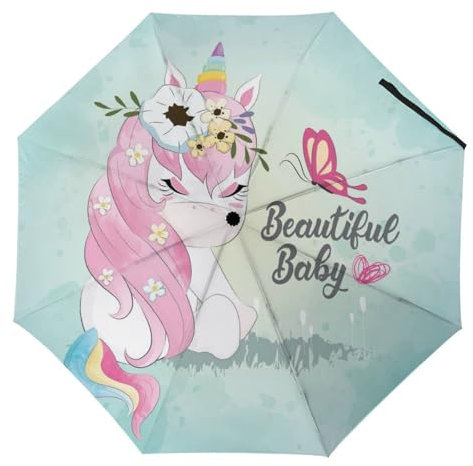 YBQLNP Kompakter Reise Regenschirm Schmetterling Einhorn Taschenschirm Automatisch Auf Und Zu Faltbarer Sonnenschirm